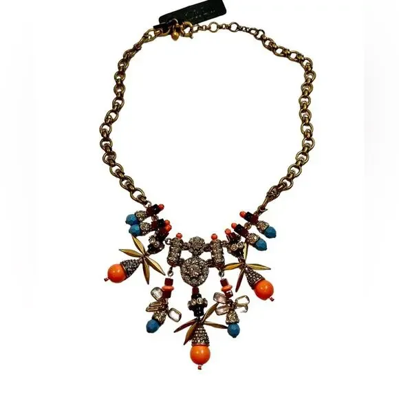 J CREW Coral and Blue Beads with Crystals 18-20 in Statement Necklace - Picture 1 of 6